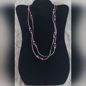 Handmade Metallic Pink Leather And Purple Pearl Necklace